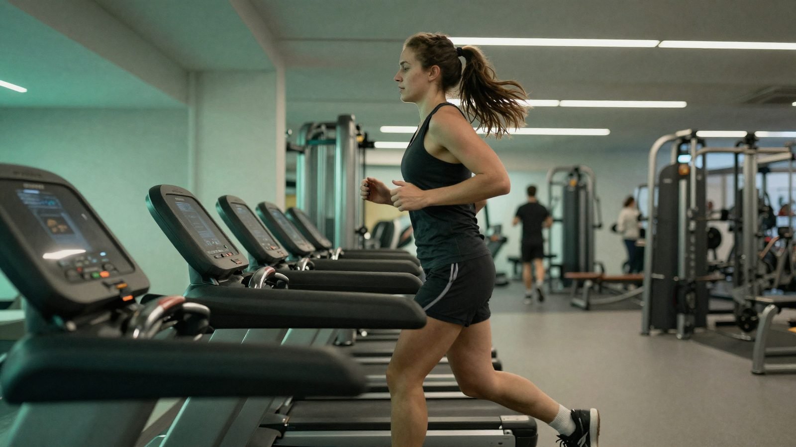 Corredor em ritmo constante de pace 6:30 a 9,2 km/h na esteira