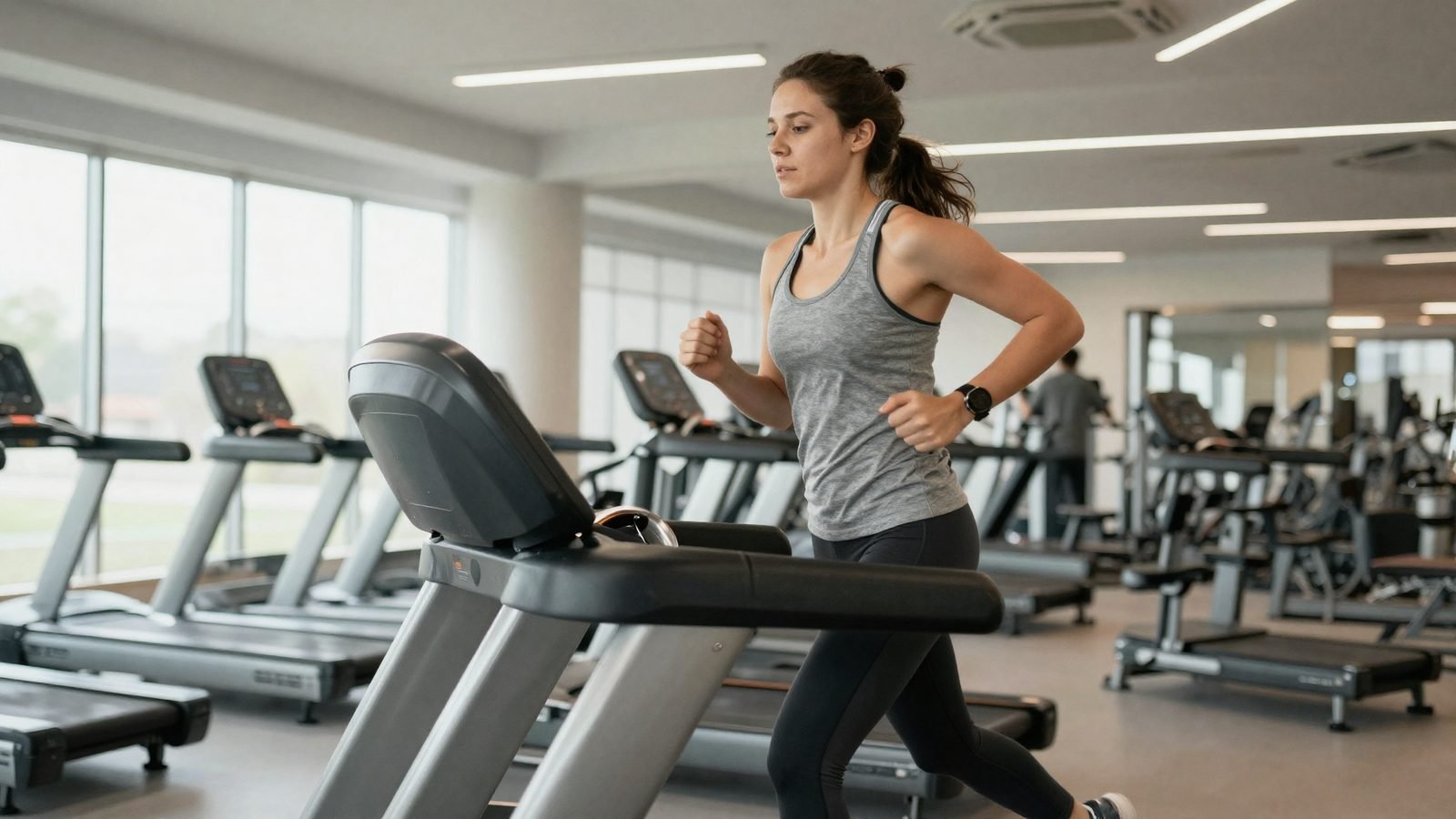 Iniciante correndo em ritmo confortável de pace 7:00 a 8,6 km/h na esteira